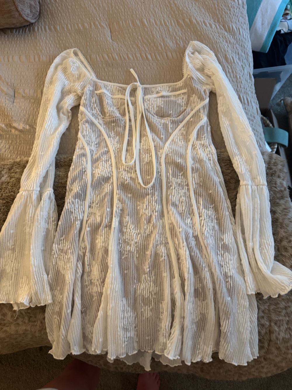 Women’s Long Sleeve Cream Pleated Tie-Front Dress